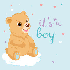 Cute Cartoon Teddy Bear Design Vector. Baby Boy Teddy Bear Shower Invitation Card. Greeting Card For Baby Its A Boy.
