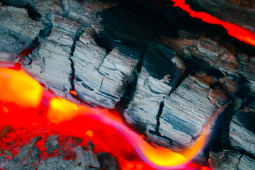 Colorful fire flame, burning wood at the fireplace. Firewood log in the fire chimney, closeup.