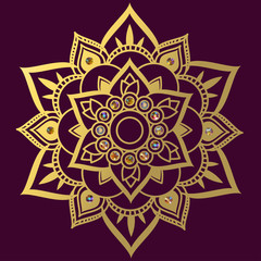 Mandala. Indian circular pattern. Gold. East. Gems. Arab. Ornament.