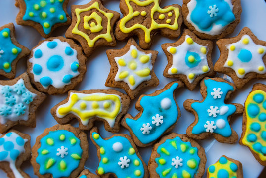 Food background of traditional christmas homemade jinger bread cookies. Different shape glaze biscuits.