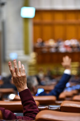 Fototapeta na wymiar Hand raised in the air during a voting procedure