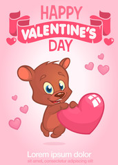 Cute cartoon bear holding red heart. Vector illustration  for St Valentine's Day