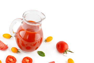 Fresh tomato juice and tomatoes isolated on white background. Flat lay,top view.