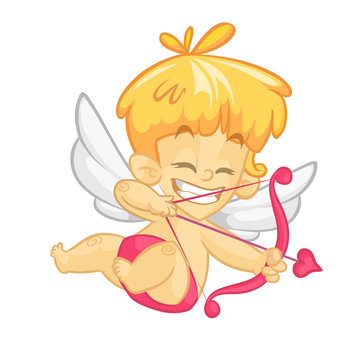 Funny cupid with bow and arrow. Illustration of a Valentine's Day. Vector. Isolated white