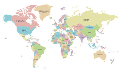 Fototapeta premium Mapa polityczna świata wektor ilustracja na białym tle z nazwami krajów w języku hiszpańskim. Edytowalne i wyraźnie oznaczone warstwy.