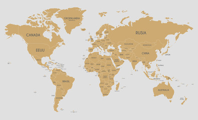 Fototapeta na wymiar Political World Map vector illustration with country names in spanish. Editable and clearly labeled layers.