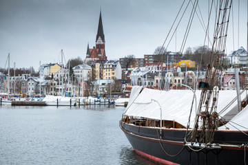 Sailing ship moored in old port of Flensburg