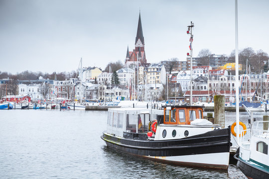 Pleasure boats moored in port of Flensburg