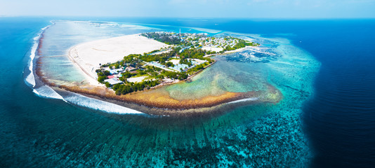 Aerial view of the tropical island of Himmafushi, Maldives
