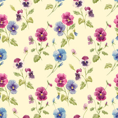 Watercolor pansy flower vector pattern