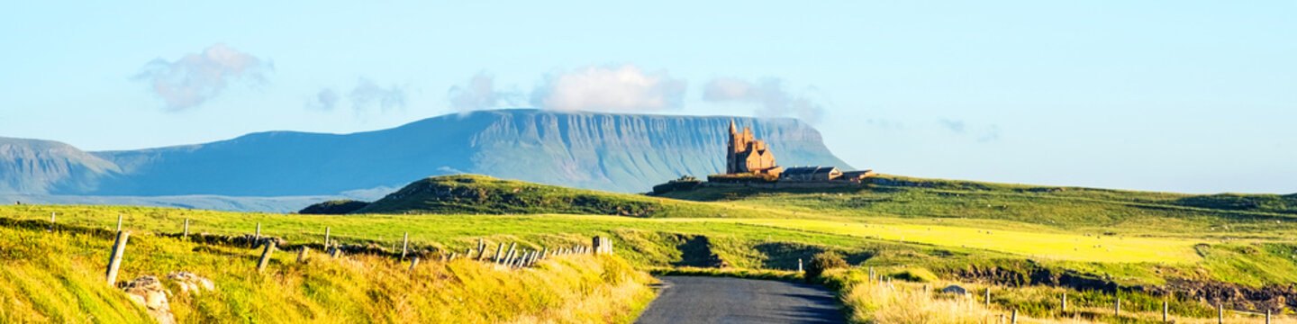 Famous Classiebawn Castle with Belbulbin mountain at the background in Sligo, Ireland