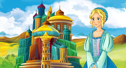 cartoon fairy tale scene with beautiful girl - standing in front of a castle - illustration for children
