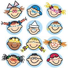 Collection of children's faces, group of heads, vector icon, isolated portraits