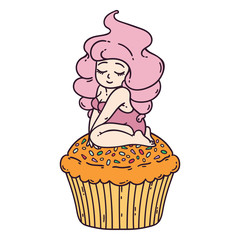 Cute girl on cupcake. Isolated objects on white background. Vector illustration.