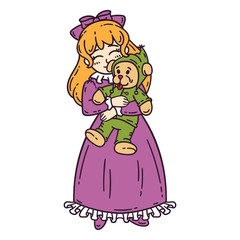 Little red hair girl holding toy. Isolated objects on white background. Vector illustration.