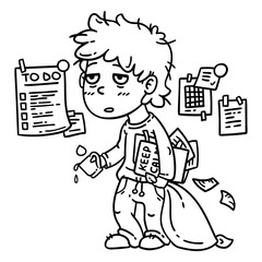 Hard work man. Tired man. Business man working hard. Isolated objects on white background. Vector illustration. Coloring page.