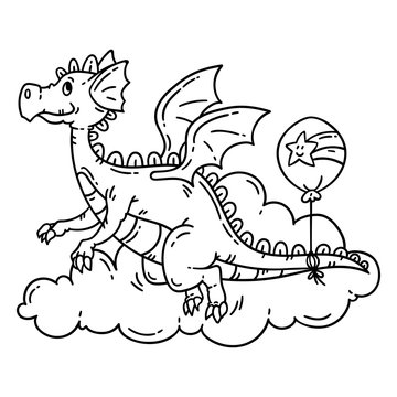 Cute cartoon flying dragon. Isolated objects on white background. Vector illustration. Coloring book.