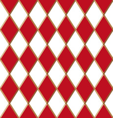 Seamless pattern with rhombuses. Traditional Harlequin pattern. Red and white rhombuses with a gold frame. Vector illustration