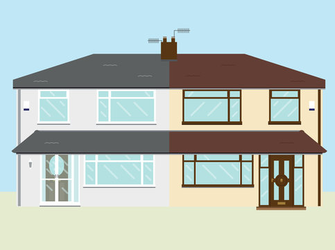 Typical UK semi detached rendered fifties house with extended porch front