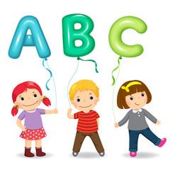 Cartoon kids holding letter ABC shaped balloons