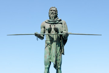 Statue of Anaterve, a Guanche chief or a mencey, part of the nine statues of pre-Hispanic kings situated in Plaza de la Patrona de Canarias, in Candelaria, Tenerife, Canary Islands, Spain.