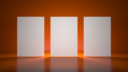 3d empty white boards on orange background with lights on back