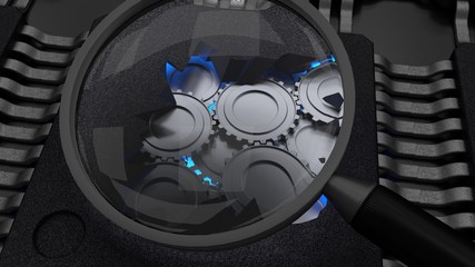 Magnifier glass showing a cracked open chip with gears cybersecurity concept