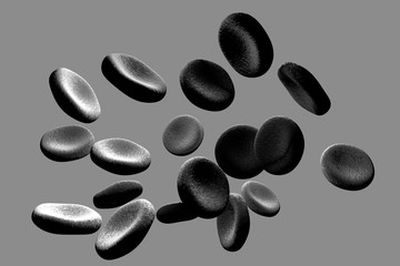 Black-and-white image of red blood cells isolated on white background, 3D illustration