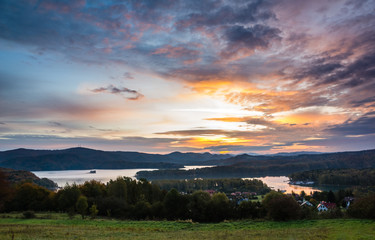 Sunrise over the Solina lake in Polanczyk, Bieszczady, Poland