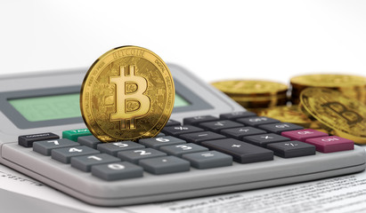 Bitcoin standing on calculator keyboard. Income tax from cryprocurrency gains concept. 3D rendering