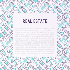 Rea estate concept with thin line icons: apartment house, bedroom, keys, elevator, swimming pool, bathroom, facilities. Modern vector illustration for web page, print media.