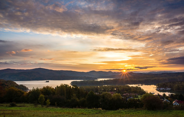 Sunrise over the Solina lake in Polanczyk, Bieszczady, Poland