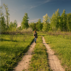 Fototapeta premium woman goes for a walk in the spring forest.