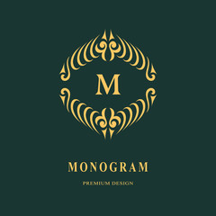 Beautiful monogram. Elegant emblem. Art logo design. Letter M. Graceful template. Business sign, identity for Restaurant, Royalty, Boutique, Cafe, Hotel, Heraldic, Jewelry, Fashion Vector illustration