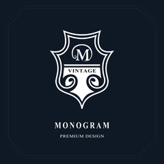 Beautiful line monogram. Elegant emblem. Art logo design. Letter M. Graceful template. Business sign, identity for Restaurant, Royalty, Boutique, Cafe, Hotel, Heraldic, Jewelry. Vector illustration