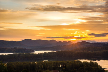 Sunrise over the Solina lake in Polanczyk, Bieszczady, Poland