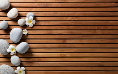 Foto op Aluminium zen kiezels en spa bloemen op hamam houten plank © STUDIO GRAND WEB