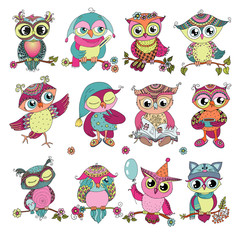 Set of 12 cute colorful cartoon owls