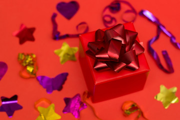 top view red gift box rwith red festive bow