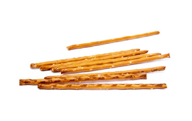 Salty cracker pretzel sticks isolated on white background