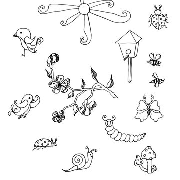 Set of hand drawn cute doodle monochrome elements. Thin black line caterpillars, birdhouse, bees, ridges, snail, butterfly, blooming branch, ladybugs clip art stock vector illustration