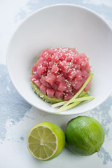 White plate with tuna tartare on guacamole bedding, white concrete background, studio shot