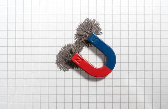 Red and blue horseshoe magnet or physics magnetic with iron powder magnetic field on white paper graph background. Scientific experiment in science class in school.