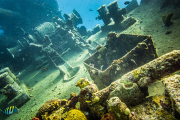 Naklejka na ściany i meble Shipwreck underwater at the depth in Caribbean.