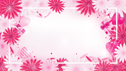 Valentine floral invitation rounding by flower ,gifts, heart and some red heart glitter, artwork has some copy space in middle as white background , all elements are fill sweet pink tone color