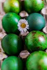 Closeup of basket with easter eggs on the white background. Eggs are painting in diferent  colors. Shallow dept of field. Easter concept.