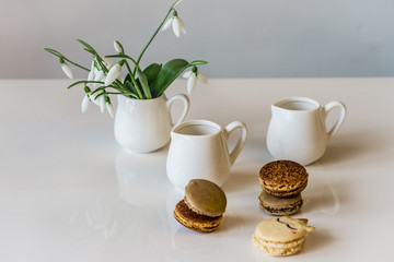 Close up of a jug of milk and french macaroon with a taste of caramel and chocolate on a white background, shallow depth of focus. Concept Valentine day.