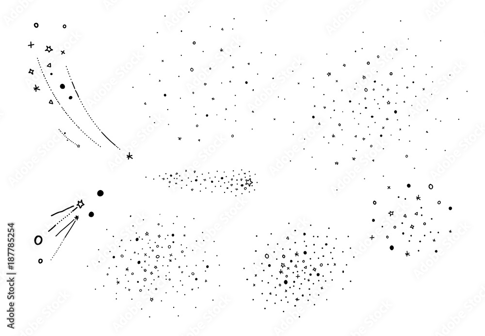 Wall mural hand draw starry elements. stars cluster, falling stars. sketched vector elements for universe and a