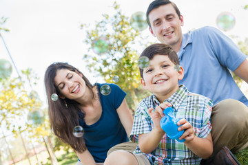 Young Boy Blowing Bubbles with His Parents in the Park.
