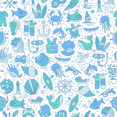 Diving hand draw cartoon seamless pattern. Diving and water sport and adventure repeatable background with diving and scuba equipment, sea life, animals and cartoon vector elements. Diving seamless